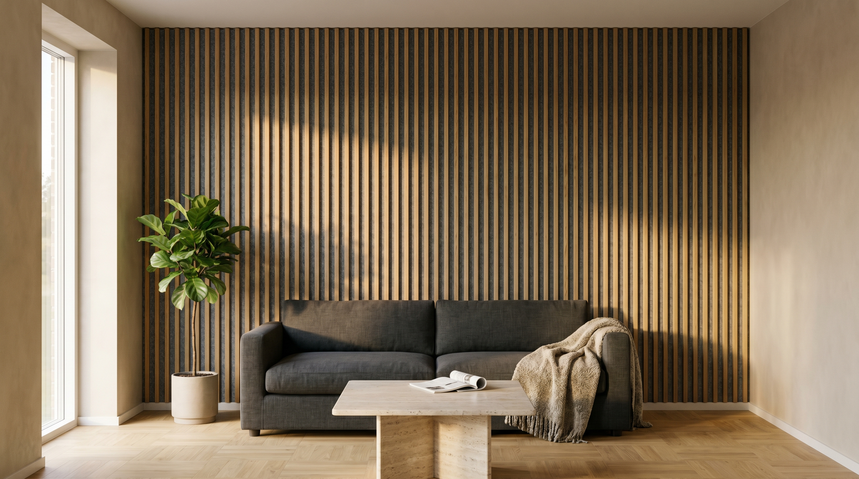 Modernes Wohnzimmer mit Akustikpaneelen aus Eichenholz
